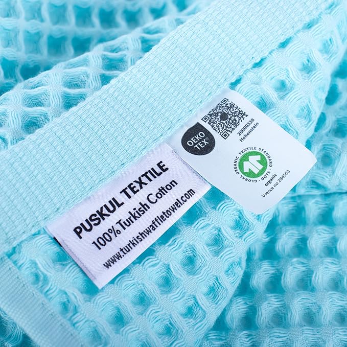 PÜSKÜL - Premium Waffle Towel Set 4 Pieces Turquoise - Organic 100% Turkish Cotton Quick-Dry Towels for Bathroom Made in Turkiye (Turquoise, Towel Set - 2 Hand & 2 Bath Towels)