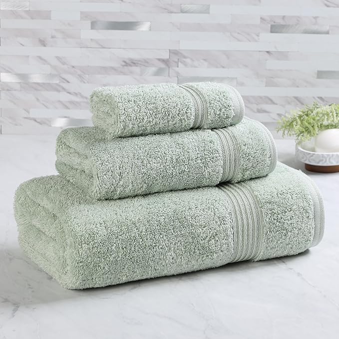 Superior Egyptian Cotton 3-Piece Towel Set, Basic Towels For Bathroom, Home Decor, Guest Bath, Shower, Apartment, Included 1 Face, 1 Hand, 1 Bath Towel, Washcloth, Quick Dry, Sage