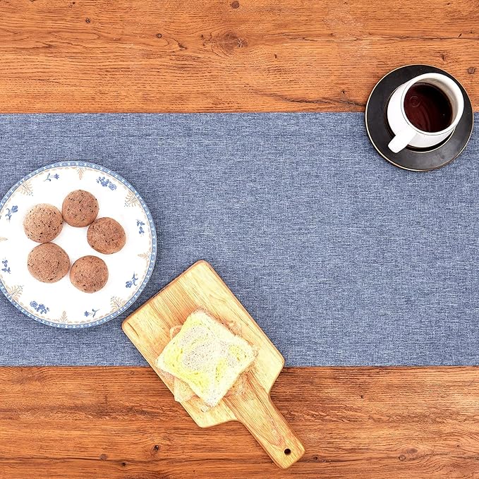 Mebakuk Linen Farmhouse Table Runner Large Burlap Style Soft and Waterproof Decorative Fabric Runner for Outdoor Wedding and Dinner (14 x 60 Inch, Denim Blue)