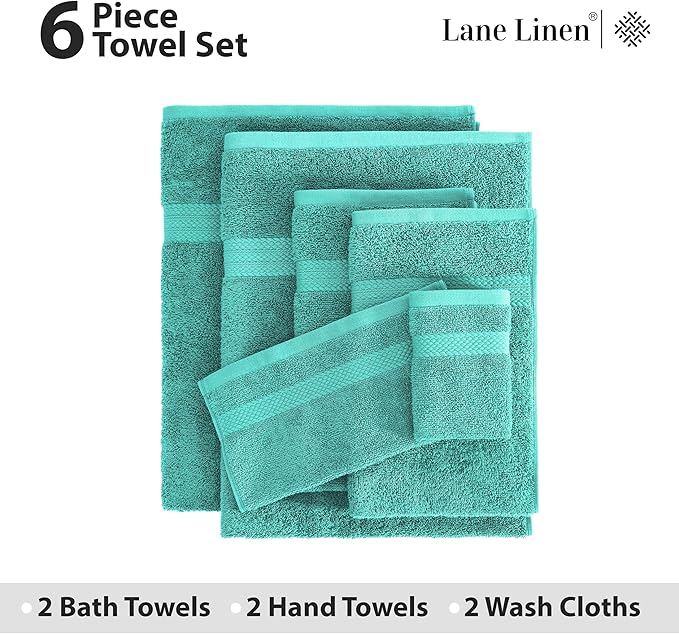 Lane Linen 100% Mercerized Cotton Luxury Bathroom Towel Set - 6 Pc - Quick Dry, Very Soft, Fluffy & Highly Absorbent - 2 Large Bath Towels, 2 Washcloths, 2 Hand Towel - Pet Friendly, Pre Shrunk - Teal