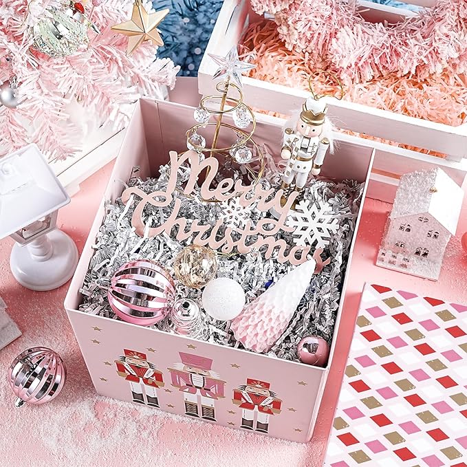 RUSPEPA Christmas Gift Box with Lid, Pink Nutcracker Soldier Design and Diamond Pattern Lid, Medium Collapsible Box with Ribbon, Tissue Paper for Girls, Gift Wrap, Candy Storage, 9x9x9 Inches, 1 Pcs