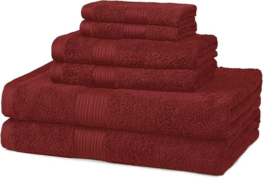 Amazon Basics Soft Bath Towels set , Absorbent Fade Resistant 100% Cotton washcloths 6 Pieces (12" x 12"), Perfect face towels, fingertip towels, Crimson