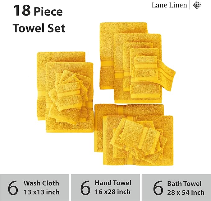 LANE LINEN 18 Pc Bath Towels Set – Ultra Soft 100% Ring-Spun Cotton, 6 Bath, 6 Hand Towel & 6 Wash Cloth, Zero Twist, Quick-Dry, Long-Lasting Comfort & Hotel Quality, Machine Washable – Mimosa