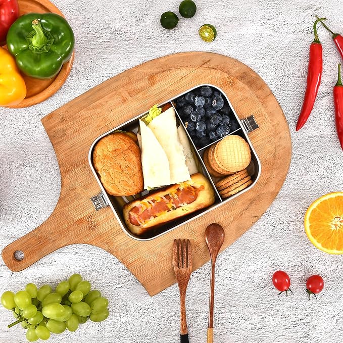 UPTRUST Stainless Steel Bento Lunch Box, 3-Compartment Large 1400ML Metal Bento Box for Kids or Adults, Container with Lockable Clips to Leak Proof