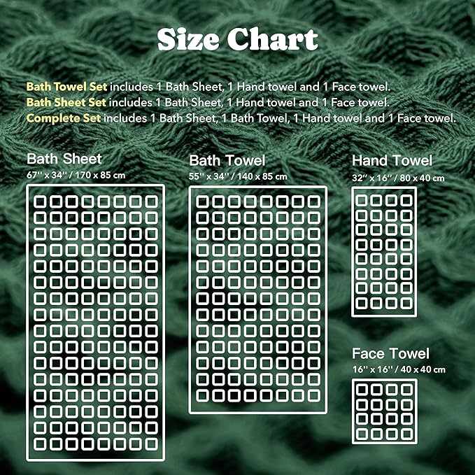 Luxury Japanese Cotton Waffle Bath Towel | Plush, Absorbent, and Quick Dry | Free Storage Bag Included (Forest Green, Bath Sheet Set (3-Piece))