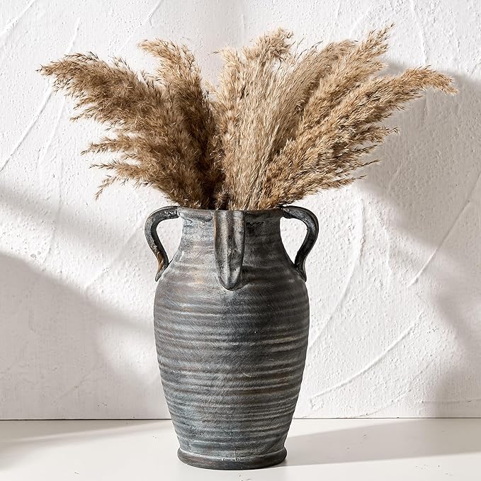 Handmade Ceramic Vase with 4 Handles, 10.83" Tall Farmhouse Rustic Terracotta Flower Vase, Vintage Vases for Home Decor, Wedding, Living Room, Table, Shelf Decor, Black Bronze