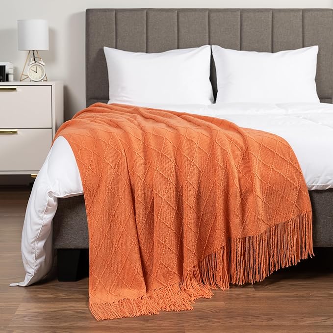 PAVILIA Coral Orange Knit Throw Blanket for Couch, Twin Bed, Soft Knitted Farmhouse Sofa Throw for Living Room, Lightweight Decorative Fall Blanket for Chair, Outdoor Textured Boho Blanket, 60x80
