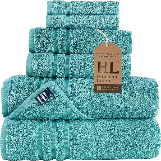 Hawmam Linen Teal Turquoise 6 Piece Bath Towels Set for Bathroom Original Turkish Cotton Soft, Absorbent and Premium 2 Bath Towels, 2 Hand Towels, 2 Washcloths