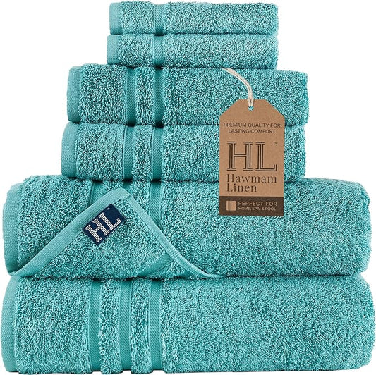 Hawmam Linen Teal Turquoise 6 Piece Bath Towels Set for Bathroom Original Turkish Cotton Soft, Absorbent and Premium 2 Bath Towels, 2 Hand Towels, 2 Washcloths
