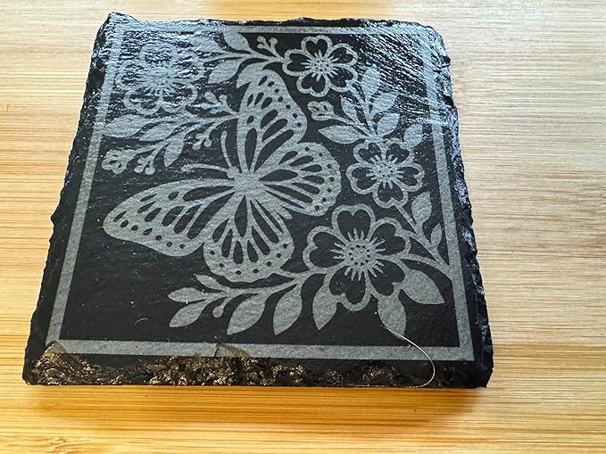 Natural Slate Butterfly and Floral Design Coasters, Black Stone Drink Coasters, Decorative Table Protection Set of 4