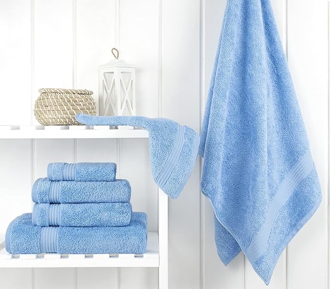 Cotton Paradise 6 Piece Towel Set 100% Cotton Soft Absorbent Turkish Towels for Bathroom, 2 Bath Towels 2 Hand Towels 2 Washcloths, Sky Blue Towel Set