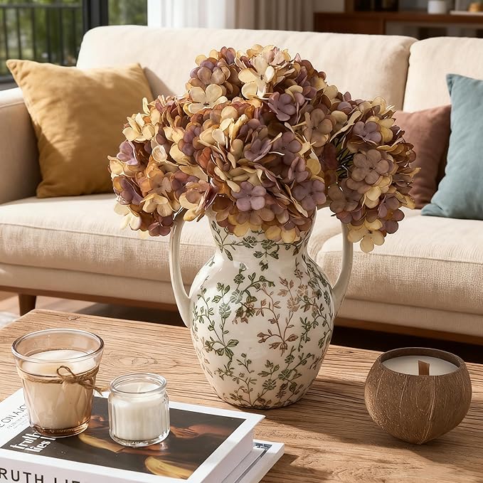 Green and Beige Farmhouse Vintage Vase with 2 Handles, Chinoiserie Floral Vase, Rustic Ceramic Vases for Home Decor, Wedding, Living Room, Table, Shelf Decor - 8.3 Inch Tall