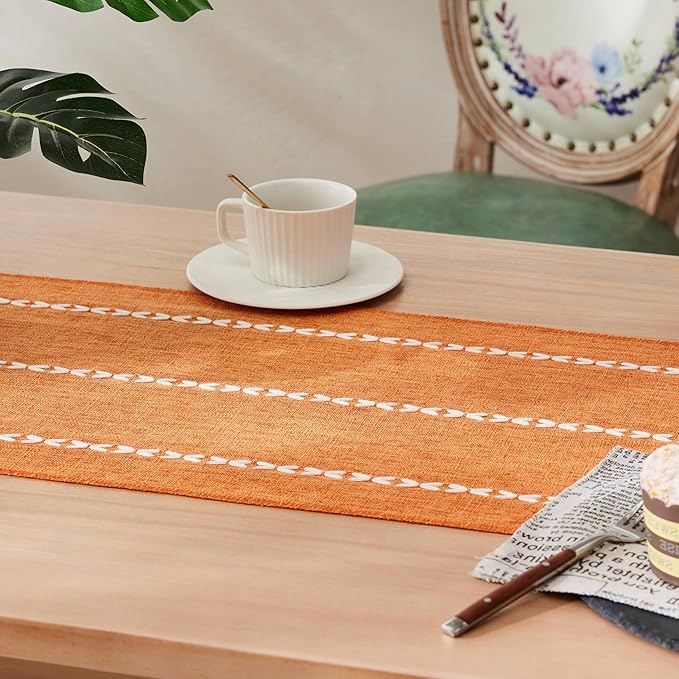 Braided Farmhouse Table Runner,Braided Pumpkin 13x48 Inch, Cotton Linen Table Runners 48 Inches Long, Embroidered Striped Pumpkin Boho Table Runner Rustic Home Decor