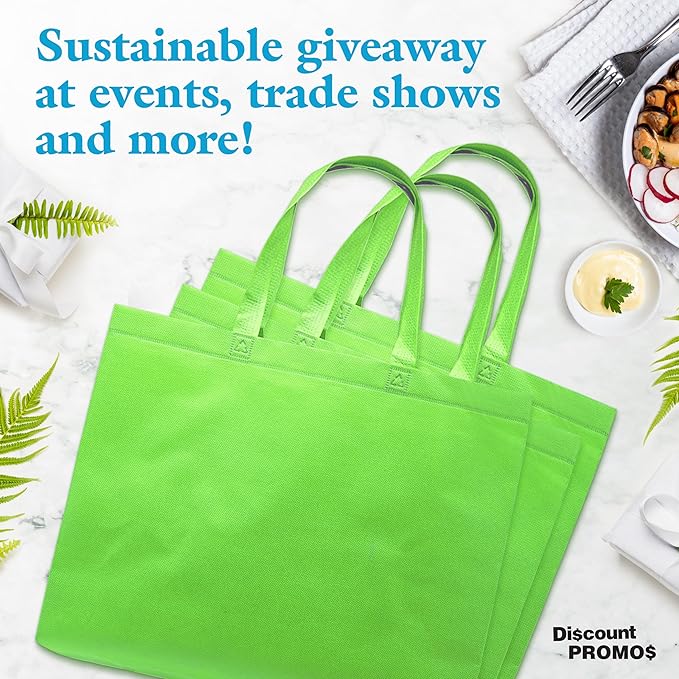 DISCOUNT PROMOS Jumbo Sized Tote Bags Set of 10, Bulk Pack - Reusable Grocery Bags, Shopping Bags, Promotional Item Totes for Women - Lime Green