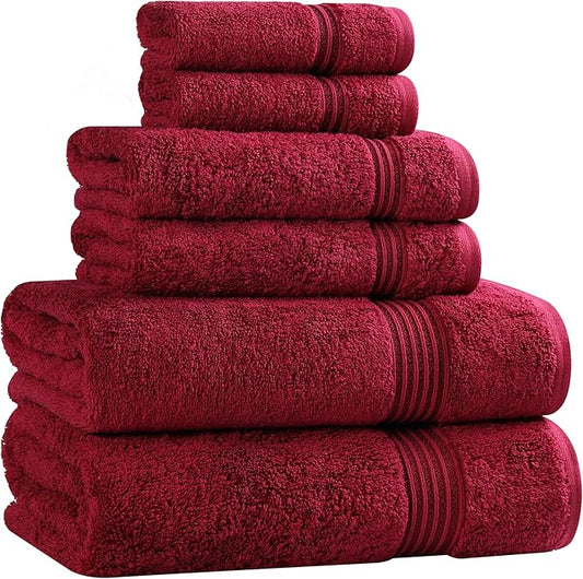 Superior Egyptian Cotton 6-Piece Towel Set, Bathroom Essentials, Towels For Bathroom, Apartment, Airbnb, Guest Bath, Face, Hand, Bath Towels, Washcloths, Absorbent, Fast Drying, Burgundy