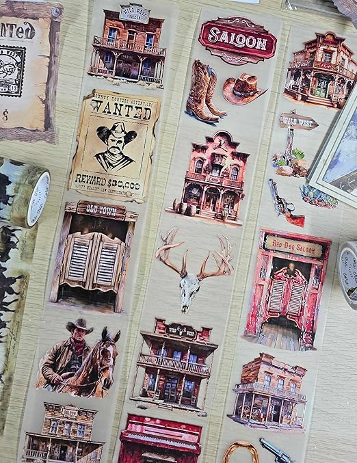 Wild West Transparent Vintage Washi Tape 5x5 cm x 100 cm – Decorative Scrapbooking Craft Adhesive Roll, Western Cowboy Art, Rustic Frontier Illustration for Journals, Planners, Cards & DIY Projects