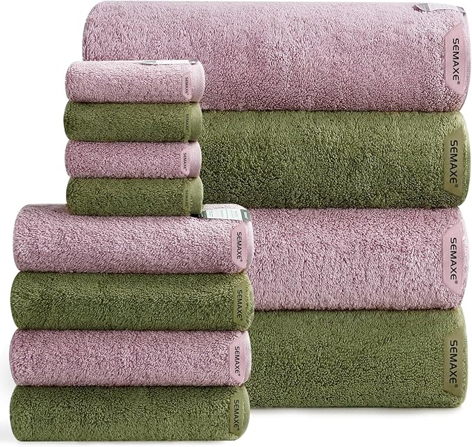 SEMAXE 12-Piece Mixed Color Towel Set (Green, Purple) - 100% Cotton, Lightweight, Absorbent, Quick-Drying Bathroom Towel, Ideal for Couples and Gifts, Bath Towel, Hand Towel, and Washcloth Per Color