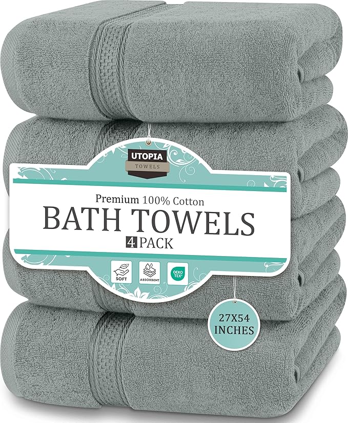Utopia Towels 4 Pack Premium Bath Towels Set, 27 by 54 Inches, 100% Ring Spun Cotton 600GSM, Lightweight and Highly Absorbent Quick Drying Towels, Perfect for Daily Use, Cool Grey