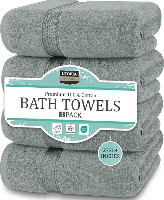 Utopia Towels 4 Pack Premium Bath Towels Set, 27 by 54 Inches, 100% Ring Spun Cotton 600GSM, Lightweight and Highly Absorbent Quick Drying Towels, Perfect for Daily Use, Cool Grey