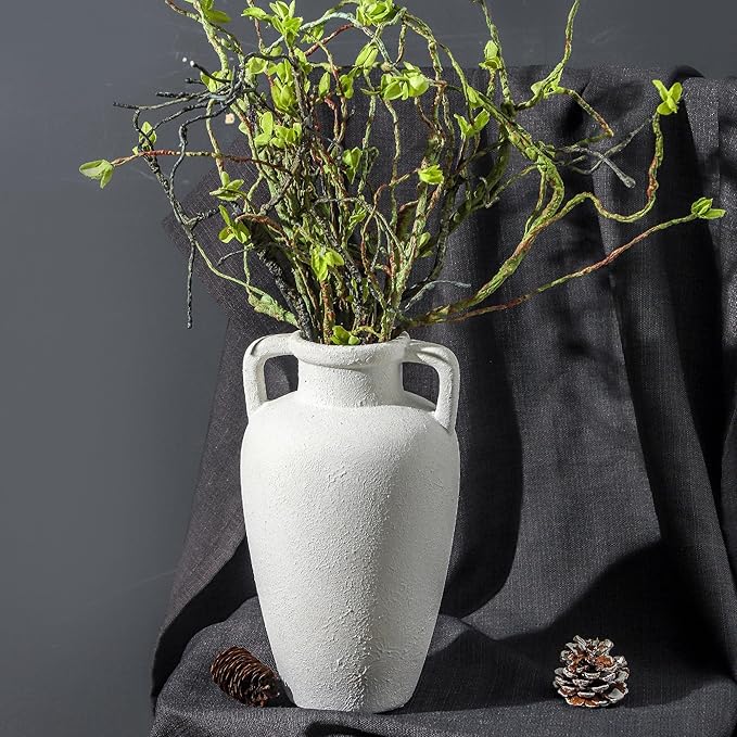 Large Ceramic Vase - 11.41 inch Tall Rustic Vase with 2 Handles, Decorative Flower Vases for Home Decor, Living Room Shelf Decor, Table Office