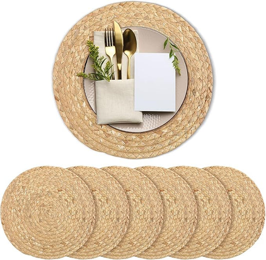 Set of 6 Round Woven Placemats 12-Inch Natural Water Hyacinth Plant Placemats Hand-Woven Boho Rattan Placemat Wicker Weave Table Mats for Home Dinner Plates Holiday Supplies