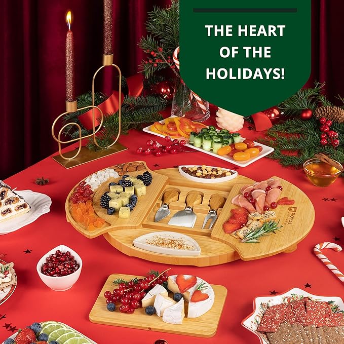 ROYAL CRAFT WOOD Large Round Cheese Board and Knife Set - Charcuterie Board, Bamboo Cheese Board Set, Cheese Tray Set, Wooden Cheese Plate Set 13.7 Inch