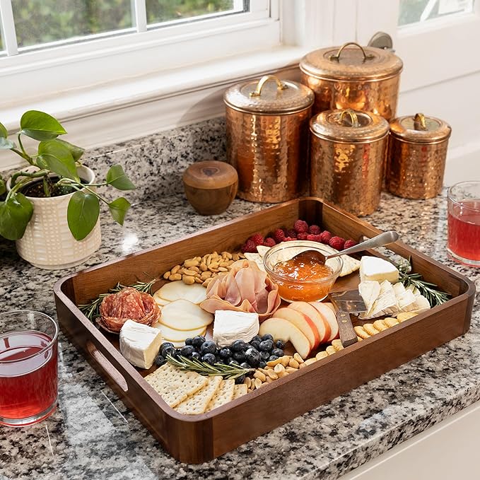 Acacia Wooden Serving Trays with Handles for Eating, Appetizers, Food, Snacks, or Home Decor, Large Wood Bed Tray or TV Tray, Decorative Ottoman or Coffee Table Accessory, 17x13 inch, Set of 2