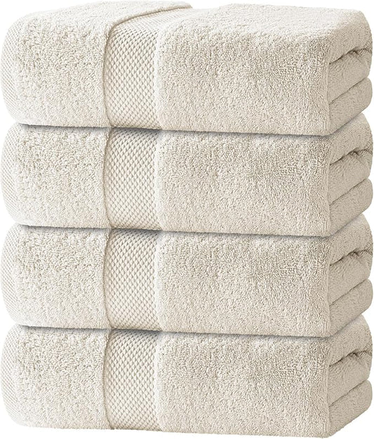 White Classic Luxury Bath Towels Set of 4 Large - 700 GSM Cotton Ultra Soft Bath Towels 27x54 | Highly Absorbent and Quick Dry | Hotel Towels for Bathroom Luxury, Plush Shower Towels, Ivory