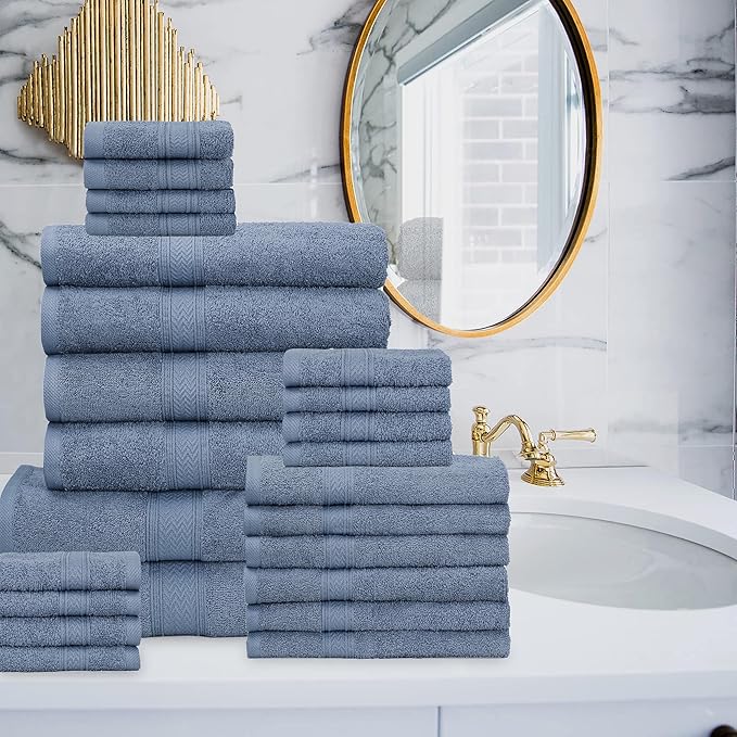 HILLFAIR 24 Piece Bath Towels Set for Bathroom- 100% Cotton 24 PC Bulk Pack Hotel Spa Towel Set- 2 XXL Oversized Big Towels, 4 Bath Towels, 6 Hand Towels, 4 Fingertip Towels, 8 Washcloths: Blue