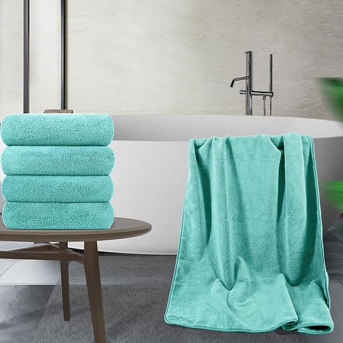 POLYTE Microfiber Quick Dry Lint Free Bath Towel, 57 x 30 in, Pack of 4 (Aqua)