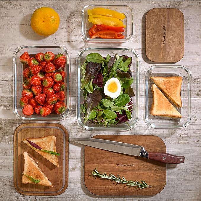 Glass Tupperware Set with Acacia Lids - 4 Stackable Meal Prep Containers. Durable heat resistant Inert Borosilicate Glass