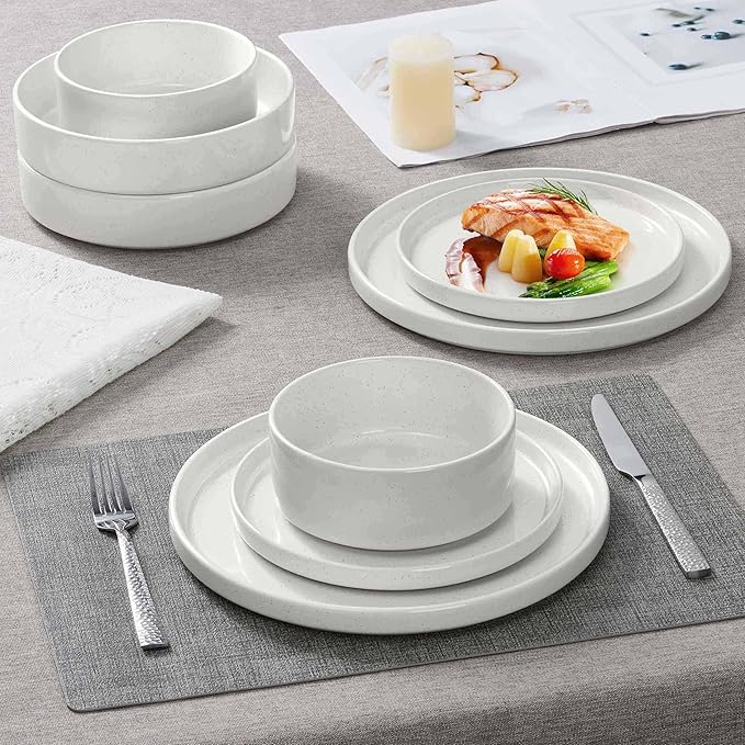 Herogo 8 Piece Dinnerware Sets with Pasta Bowls for 2, Dinner Salad Plates and Cereal Serving Bowls, Stoneware Dishes Dinner Ware for Kitchen Dining, Chip & Scratch Resistant Dishware, Speckled White