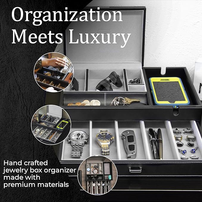 HOUNDSBAY Admiral Dresser Valet Box & Mens Jewelry Box Organizer with Large Smartphone Charging Station (Grey)