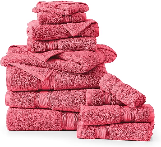 LANE LINEN 100% Cotton Bath Towel Set of 12 – 4 Bath, 4 Hand Towel & 4 Washcloths, Zero Twist, Absorbent Softness for Daily Use, Perfect for Airbnb, Spa & Hotel, Machine Washable – Honeysuckle