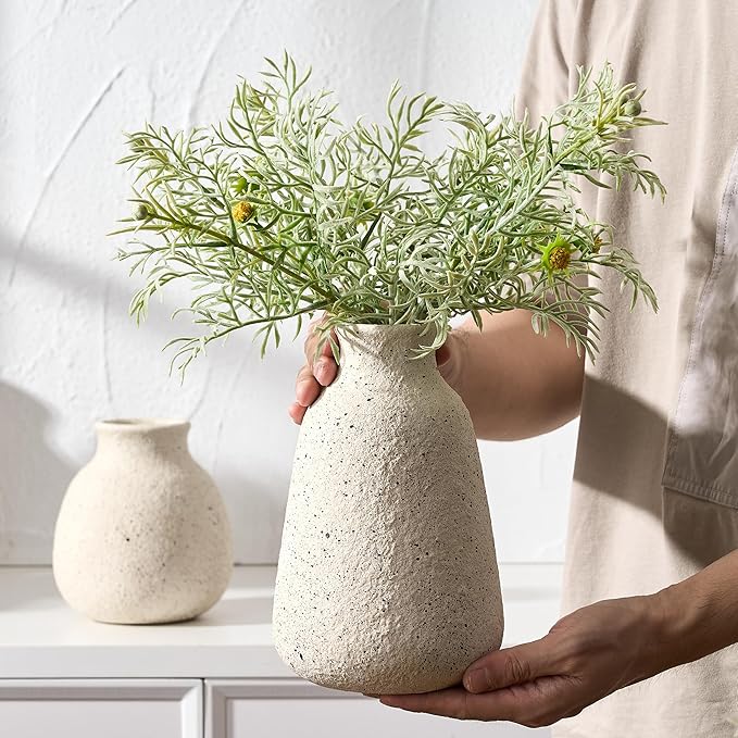 Ceramic Vase Set of 2 for Home Decor, Handcrafted Sesame Dot White Rustic Terracotta Vases, Vintage Farmhouse Decor, Minimalist Decorative Vases for Table Centerpiece Fireplace Nightstand Decoration