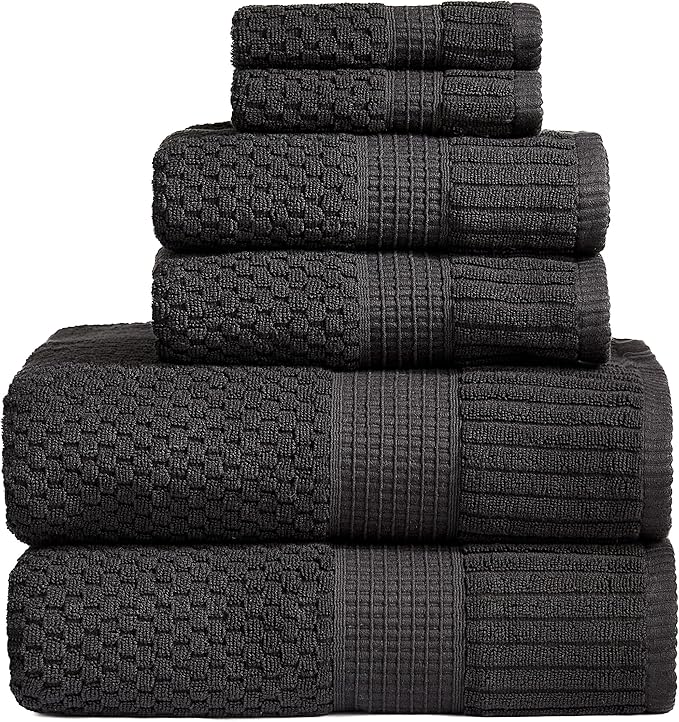 NY Loft 100% Cotton Towel Set 6 Piece | Super Soft & Absorbent Quick-Dry 2 Bath Towels 2 Hand Towels & 2 Washcloths | Textured and Durable Cotton | Premium Thick Towels | 6 Piece Set - Black