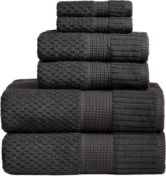 NY Loft 100% Cotton Towel Set 6 Piece | Super Soft & Absorbent Quick-Dry 2 Bath Towels 2 Hand Towels & 2 Washcloths | Textured and Durable Cotton | Premium Thick Towels | 6 Piece Set - Black