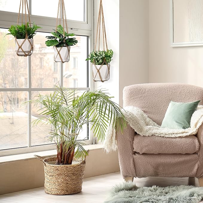 YIBOT 3 Pack Macrame Plant Hanger Indoor Hanging Planter Basket with 3 Hooks, 35"/29"/23" Crochet Plant Holder Stand No Tassels for Indoor Outdoor Boho Home Decor, Brown (POTS NOT Included)