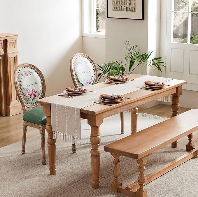 Braided Farmhouse Table Runner,Braided Taupe 13x36 Inch, Cotton Linen Table Runners 36 Inches Long, Embroidered Striped Taupe Boho Table Runner Rustic Home Decor