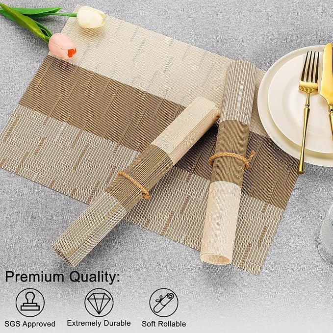 Placemats Set of 6, Vinyl Woven Place Mats Indoor Set of 6 Washable Wipeable PVC Table Mats Heat-Resistant Non Slip Placemat for Kitchen Dining Outdoor Table (Beige Light Brown, Set of 6)