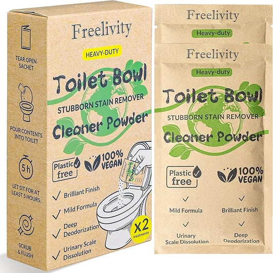 Freelivity Heavy Duty Toilet Bowl Cleaner Powder - Cleans Hard Water Rings, Calcium Buildup & Stains - 2 Treatments - Plastic-Free, 1 Pack