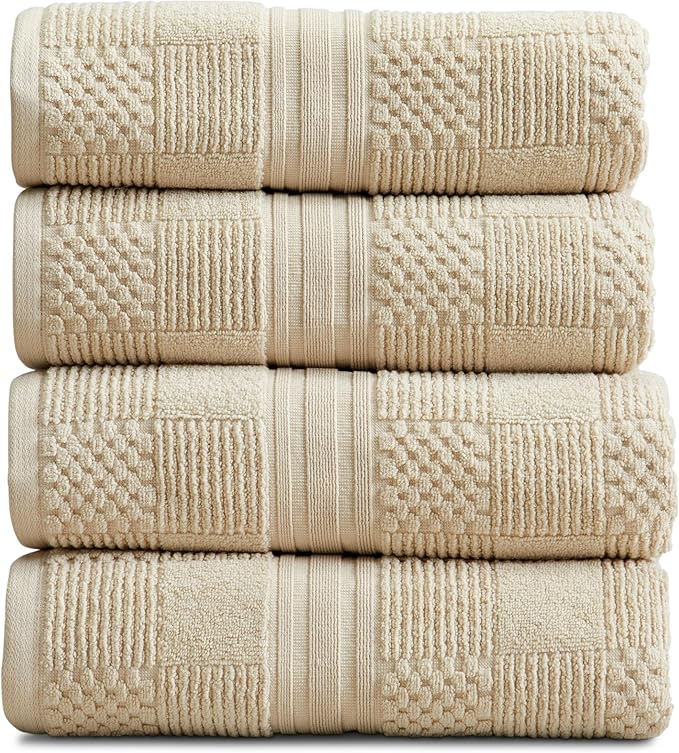 Springtree Home 100% Cotton Bath Towel Set of 4 | Beige Towels | Geometric Textured Design | Absorbent & Quick-Dry | 4 Bath Towels | Oeko-TEX® Standard 100 Cotton | Myla Collection - Sandshell