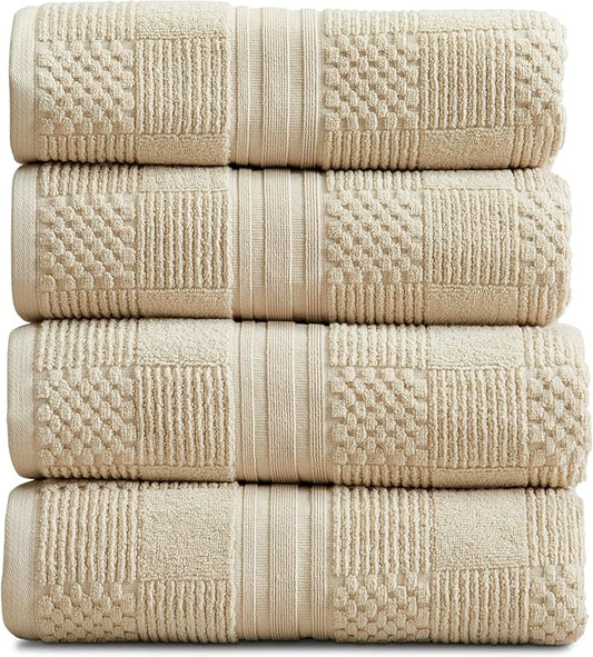 Springtree Home 100% Cotton Bath Towel Set of 4 | Beige Towels | Geometric Textured Design | Absorbent & Quick-Dry | 4 Bath Towels | Oeko-TEX® Standard 100 Cotton | Myla Collection - Sandshell