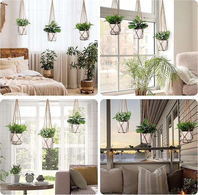 YIBOT 3 Pack Macrame Plant Hanger Indoor Hanging Planter Basket with 3 Hooks, 35"/29"/23" Crochet Plant Holder Stand No Tassels for Indoor Outdoor Boho Home Decor, Brown (POTS NOT Included)