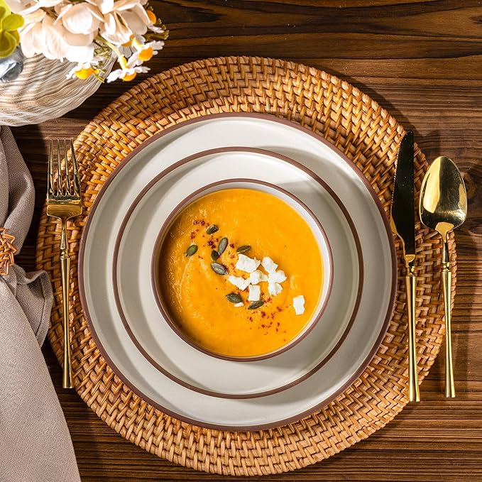 LERATIO Ceramic Dinnerware Sets for 6, High Edge Stoneware Plates and Bowls Set, Chip and Crack Resistant | Oven & Dishwasher & Microwave Safe Dishes Set, Service for 6 -Vanilla White