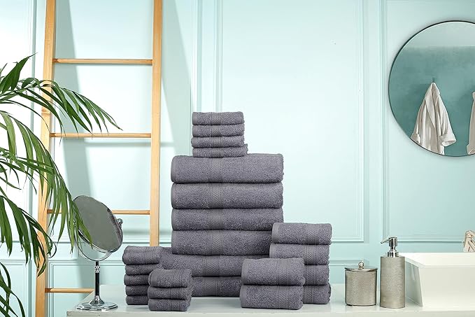 Hillfair 24 Piece Bath Towel Set - 100% Cotton - 2 XXL, 4 Bath, 6 Hand, 4 Fingertip, 8 Washcloths: Platinum