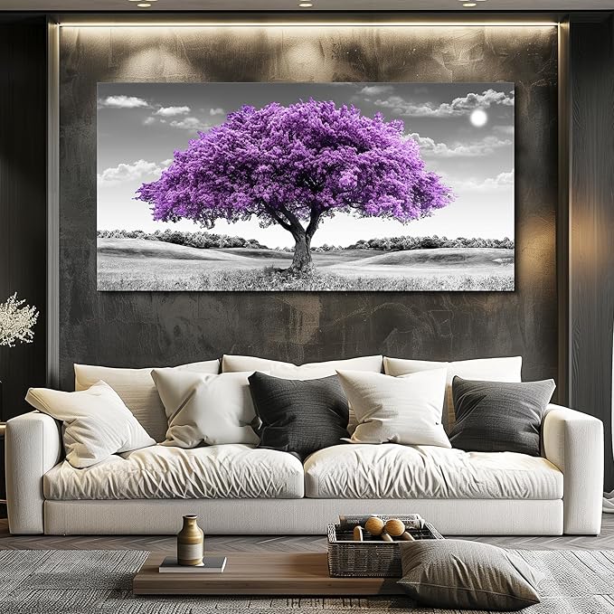 Canvas Wall Art for Living Room Large Wall Decor for Office Modern Bedroom Decorations Purple Tree Landscape Pictures Black and White Paintings Artwork Room Wall Mural Farmhouse Home Decor
