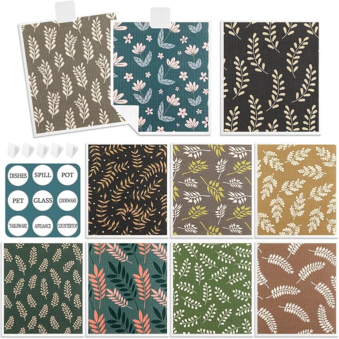 Lucomb 10 Pack Swedish Dishcloths Reusable- Cellulose Cotton Swedish Dish Towels Washable Kitchen Cloths with Hanging Clips, Reusable Paper Towels No Odor for Cleaning Dishes Home Decorative