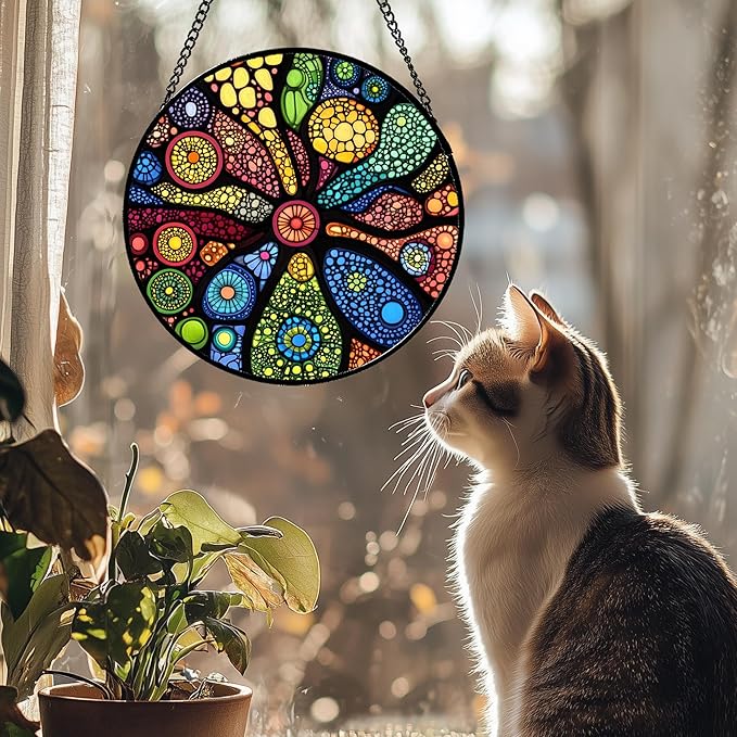 Stained Glass Window Hanging Colorful Abstract Plants 7.8" - Retro Boho Suncatcher Door Garden Sun Catcher Home Decor Birthday Christmas for Mom Men Woman Nana