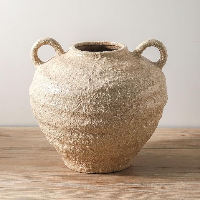 Ceramic Flower Vase, Large Farmhouse Vases Home Decor, Handmade Rustic Vase with Handles, Decorative Flower Vase for Home Entryway Living Room Dining Table Farmhouse Office Decor(10.1inch)